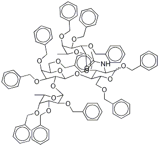 1,6-O-Dibenzyl-2-acetamido-2-deoxy-3-O-(2,3,4-O-tribenzyl-α-L-fucopyranosyl)-4-O-[2-O-(2,3,4-O-tribenzyl-α-L-fucopyranosyl)-3,4,6-O-tribenzyl-β-D-galactopyranosyl]-D-glucopyranoside 结构式