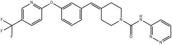 N-哒嗪-3-基-4-(3-{[5-(三氟甲基)吡啶-2-基]醚}苯亚甲基丙酮)哌啶-1-羧酰胺 结构式