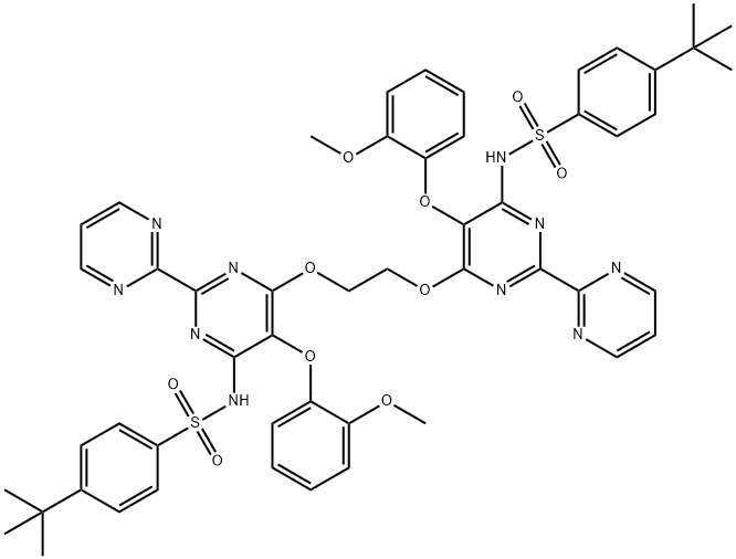 ボセンタン関連化合物C (1,2-ビス({6-[4-(TERT-ブチル)フェニルスルホンアミド]-5-(2-メトキシフェノキシ)-[2,2'-ビピリミジン]-4-イル}オキシ)エタン) 化学構造式