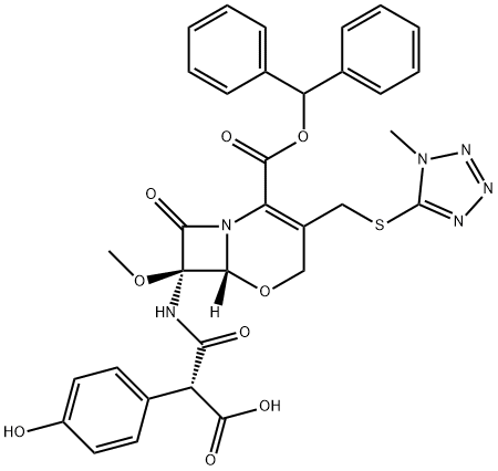 (6R,7R)-7-[[(2R)-2-Carboxy-2-(4-hydroxyphenyl)acetyl]amino]-7-methoxy-3-[[(1-methyl-1H-tetrazol-5-yl)thio]methyl]-8-oxo-5-oxa-1-azabicyclo[4.2.0]oct-2-ene-2-carboxylic acid 2-(diphenylmethyl) ester|(6R,7R)-7-[[(2R)-2-羧基-2-(4-羟基苯基)乙酰基]氨基]-7-甲氧基-3-[[(1-甲基-1H-四氮唑-5-基)硫基]甲基]-8-氧代-5-氧杂-1-氮杂二环[4.2.0]辛-2-烯-2-羧酸 2-(二苯基甲基)酯