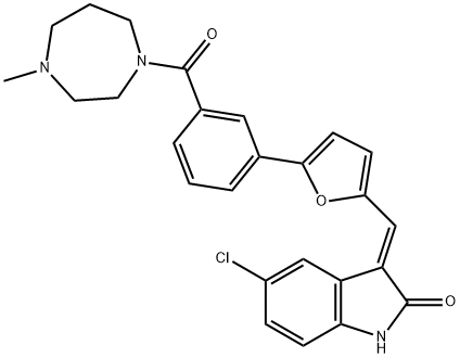 (3E)-5-クロロ-3-({5-[3-(4-メチル-1,4-ジアゼパン-1-カルボニル)フェニル]フラン-2-イル}メチリデン)-1H-インドール-2-オン 化学構造式