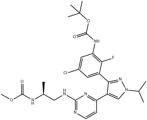 氨基甲酸,N-[(1S)-2-[(4-[3-[5-氯-3-[(1,1-二甲基乙氧基)羰基]氨基]-2-氟苯基]-1-(1-甲基乙基)-1H-吡唑-4-基]-2-嘧啶基]氨基]-1-甲基乙基]-甲酯, 1269440-77-8, 结构式
