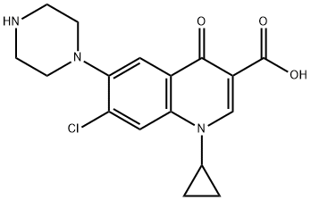 1-シクロプロピル-4-オキソ-6-ピペラジノ-7-クロロ-1,4-ジヒドロキノリン-3-カルボン酸 化学構造式