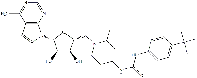 7-[5-[イソプロピル[3-[[[(4-tert-ブチルフェニル)アミノ]カルボニル]アミノ]プロピル]アミノ]-5-デオキシ-β-D-リボフラノシル]-7H-ピロロ[2,3-d]ピリミジン-4-アミン 化学構造式