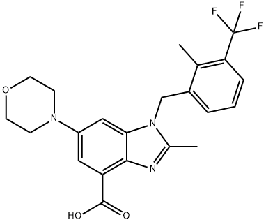 2-メチル-1-{[2-メチル-3-(トリフルオロメチル)フェニル]メチル}-6-(モルホリン-4-イル)-1,3-ベンゾジアゾール-4-カルボン酸 化学構造式