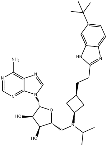(2R,3R,4S,5R)-2-(6-氨基-9H-嘌呤-9-基)-5-((((1R,3S)-3-(2-(6-(叔丁基)-1H-苯并[D]咪唑-2-基)乙基)环丁基)(异丙基)氨基)甲基)四氢呋喃-3,4-二醇, 1380288-87-8, 结构式