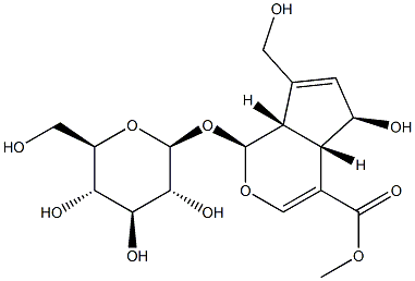 (1S)-5α-ヒドロキシ-1α-(β-D-グルコピラノシルオキシ)-7-(ヒドロキシメチル)-1,4aα,5,7aα-テトラヒドロシクロペンタ[c]ピラン-4-カルボン酸メチル 化学構造式