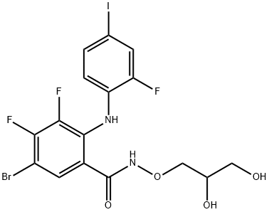 N-(2,3-ジヒドロキシプロポキシ)-5-ブロモ-3,4-ジフルオロ-2-(2-フルオロ-4-ヨードアニリノ)ベンズアミド 化学構造式