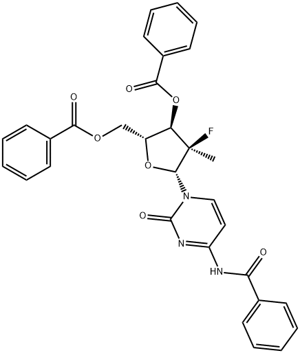 (2'R)-N-ベンゾイル-2'-デオキシ-2'-フルオロ-2'-メチルシチジン3',5'-二安息香酸 化学構造式