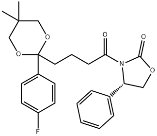 (S)-3-(4-(2-(4-fluorophenyl)-5,5-diMethyl-1,3-dioxan-2-yl)butanoyl)-4-phenyloxazolidin-2-one Struktur