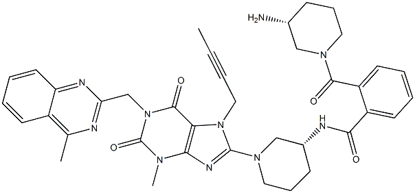 2-((R)-3-aMinopiperidine-1-carbonyl)-N-((R)-1-(7-(but-2-yn-1-yl)-3-Methyl-1-((4-Methylquinazolin-2-yl)Methyl)-2,6-dioxo-2,3,6,7-tetrahydro-1H-purin-8-yl)piperidin-3-yl)benzaMide Struktur