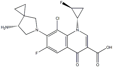 3-Quinolinecarboxylic acid, 7-[(7R)-7-aMino-5-azaspiro[2.4]hept-5-yl]-8-chloro-6-fluoro-1-[(1S,2S)-2-fluorocyclopropyl]-1,4-dihydro-4-oxo- 结构式