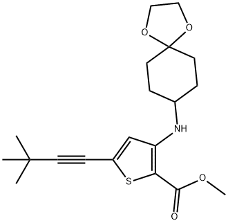 5-(3,3-dimethyl-but-1-ynyl)-3-(1,4-dioxa-spiro[4.5]dec-8-ylamino)-thiophene-2-carboxylic acid methyl ester 结构式
