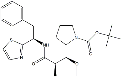 (S)-2 - ((1R,2R)-1-甲氧基-2-甲基-3-氧代-3 - (((R)-2-苯基-1-(噻唑-2-基)乙基)基)氨基)丙基)吡咯烷-1-羧酸叔丁酯 结构式
