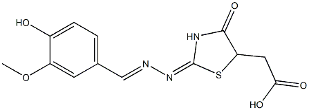 2-((E)-2-(((E)-4-hydroxy-3-methoxybenzylidene)hydrazono)-4-oxothiazolidin-5-yl)acetic acid Struktur