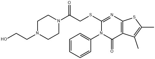 2-((2-(4-(2-hydroxyethyl)piperazin-1-yl)-2-oxoethyl)thio)-5,6-dimethyl-3-phenylthieno[2,3-d]pyrimidin-4(3H)-one Structure