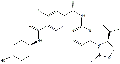 2-fluoro-N-(trans-4-hydroxycyclohexyl)-4-((S)-1-(4-((S)-4-isopropyl-2-oxooxazolidin-3-yl)pyrimidin-2-ylamino)ethyl)benzamide Structure