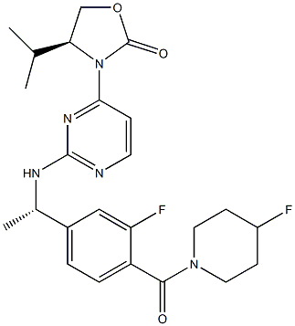 (S)-3-(2-((S)-1-(3-fluoro-4-(4-fluoropiperidine-1-carbonyl)phenyl)ethylamino)pyrimidin-4-yl)-4-isopropyloxazolidin-2-one Structure