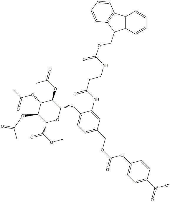 (2S,3S,4S,5R,6S)-methyl-6-(2-(3-(((9H-fluoren-9yl)methoxy)carbonyl-amino)propanamido)-4-(((4-nitrophenoxy)carbonyloxy)methyl)phenoxy)-3,4,5-triacetoxy-tetrahydro-2H-pyran-2-carboxylate Structure