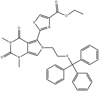 ethyl2-(1,3-dimethyl-2,4-dioxo-6-(2-(tritylthio)ethyl)-2,3,4,6-tetrahydro-1H-pyrrolo[3,4-d]pyrimidin-5-yl)thiazole-4-carboxylate Structure