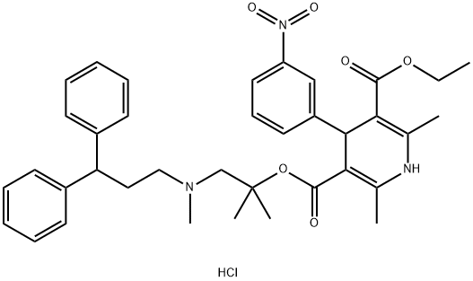 1,4-ジヒドロ-2,6-ジメチル-4-(3-ニトロフェニル)-3,5-ピリジンジカルボン酸3-[2-[(3,3-ジフェニルプロピル)メチルアミノ]-1,1-ジメチルエチル]5-エチル 化学構造式