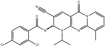2,4-dichloro-N-(3-cyano-1-isopropyl-10-methyl-5-oxo-1,5-dihydro-2H-dipyrido[1,2-a:2,3-d]pyrimidin-2-ylidene)benzamide Structure