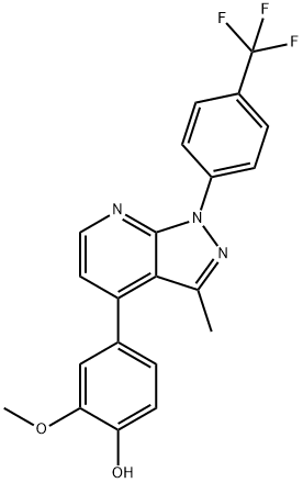 2-Methoxy-4-(3-methyl-1-(4-(trifluoromethyl)phenyl)-1H-pyrazolo[3,4-b]pyridin-4-yl)phenol Struktur