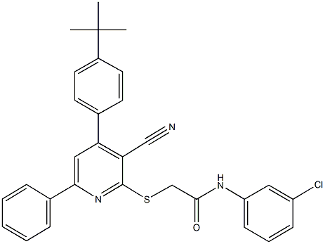 2-{[4-(4-tert-butylphenyl)-3-cyano-6-phenyl-2-pyridinyl]sulfanyl}-N-(3-chlorophenyl)acetamide Structure