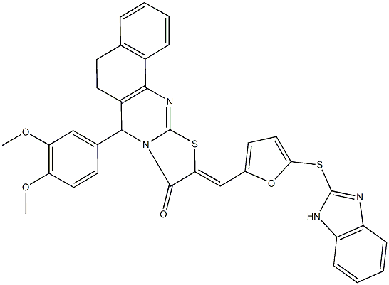 10-{[5-(1H-benzimidazol-2-ylsulfanyl)-2-furyl]methylene}-7-(3,4-dimethoxyphenyl)-5,7-dihydro-6H-benzo[h][1,3]thiazolo[2,3-b]quinazolin-9(10H)-one Struktur