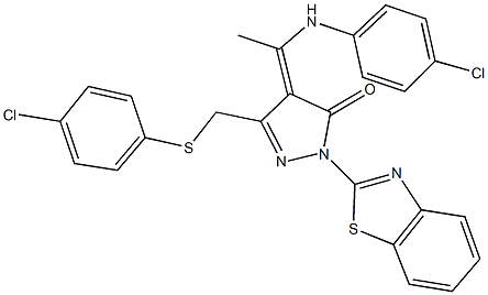 2-(1,3-benzothiazol-2-yl)-4-[1-(4-chloroanilino)ethylidene]-5-{[(4-chlorophenyl)sulfanyl]methyl}-2,4-dihydro-3H-pyrazol-3-one Structure