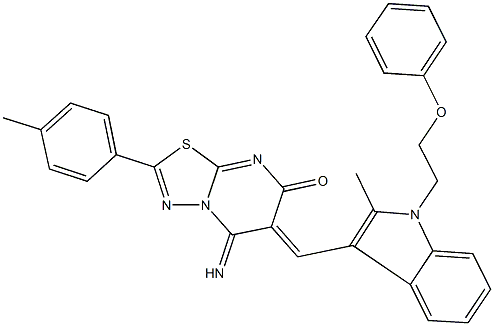 5-imino-6-{[2-methyl-1-(2-phenoxyethyl)-1H-indol-3-yl]methylene}-2-(4-methylphenyl)-5,6-dihydro-7H-[1,3,4]thiadiazolo[3,2-a]pyrimidin-7-one 结构式