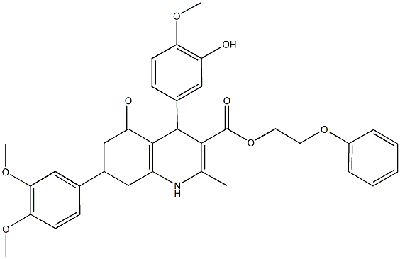2-phenoxyethyl 7-(3,4-dimethoxyphenyl)-4-(3-hydroxy-4-methoxyphenyl)-2-methyl-5-oxo-1,4,5,6,7,8-hexahydro-3-quinolinecarboxylate Structure