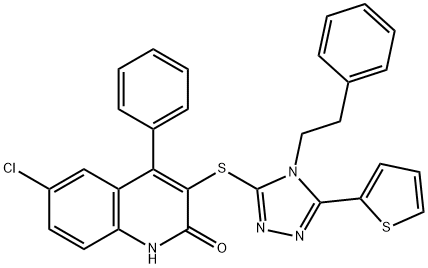 6-chloro-4-phenyl-3-{[4-(2-phenylethyl)-5-(2-thienyl)-4H-1,2,4-triazol-3-yl]sulfanyl}-2(1H)-quinolinone Structure