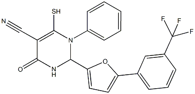 6-mercapto-4-oxo-1-phenyl-2-{5-[3-(trifluoromethyl)phenyl]-2-furyl}-1,2,3,4-tetrahydro-5-pyrimidinecarbonitrile Struktur
