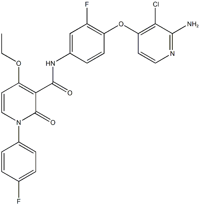 N-[3-フルオロ-4-[(2-アミノ-3-クロロ-4-ピリジニル)オキシ]フェニル]-1-(4-フルオロフェニル)-2-オキソ-4-エトキシ-1,2-ジヒドロピリジン-3-カルボアミド 化学構造式