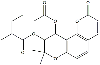 2-メチル酪酸10-アセトキシ-9,10-ジヒドロ-8,8-ジメチル-2-オキソ-2H,8H-ベンゾ[1,2-b:3,4-b']ジピラン-9-イル 化学構造式