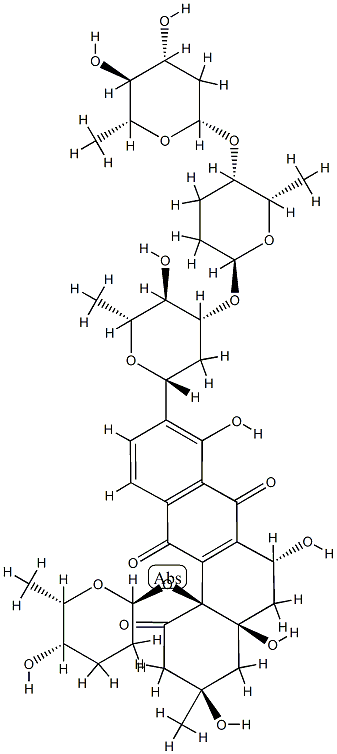(3R,4aS,6R,12bS)-9-[(2R,4R,5R,6R)-4-{[(2S,5S,6S)-5-{[(2S,4R,5S,6R)-4,5-ジヒドロキシ-6-メチルオキサン-2-イル]オキシ}-6-メチルオキサン-2-イル]オキシ}-5-ヒドロキシ-6-メチルオキサン-2-イル]-3,4a,6,8-テトラヒドロキシ-12b-{[(2S,5S,6S)-5-ヒドロキシ-6-メチルオキサン-2-イル]オキシ}-3-メチル-1,2,3,4,4a,5,6,7,12,12b-デカヒドロテトラフェン-1,7,12-トリオン 化学構造式