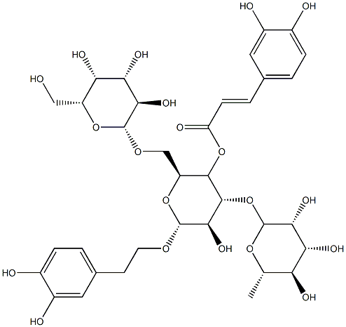 3,4-ジヒドロキシフェネチル3-O-α-L-ラムノピラノシル-6-O-β-D-ガラクトピラノシル-4-O-(3,4-ジヒドロキシシンナモイル)-β-D-グルコピラノシド 化学構造式