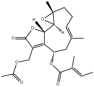 (E)-2-メチル-2-ブテン酸[(1aR,4E,7S,10aS,10bR)-8-アセトキシメチル-1a,2,3,6,7,9,10a,10b-オクタヒドロ-1a,5-ジメチル-9-オキソオキシレノ[9,10]シクロデカ[1,2-b]フラン-7-イル] 化学構造式