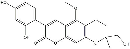(+)-3-(2,4-ジヒドロキシフェニル)-8-(ヒドロキシメチル)-6,7-ジヒドロ-8-メチル-5-メトキシ-2H,8H-ベンゾ[1,2-b:5,4-b']ジピラン-2-オン 化学構造式