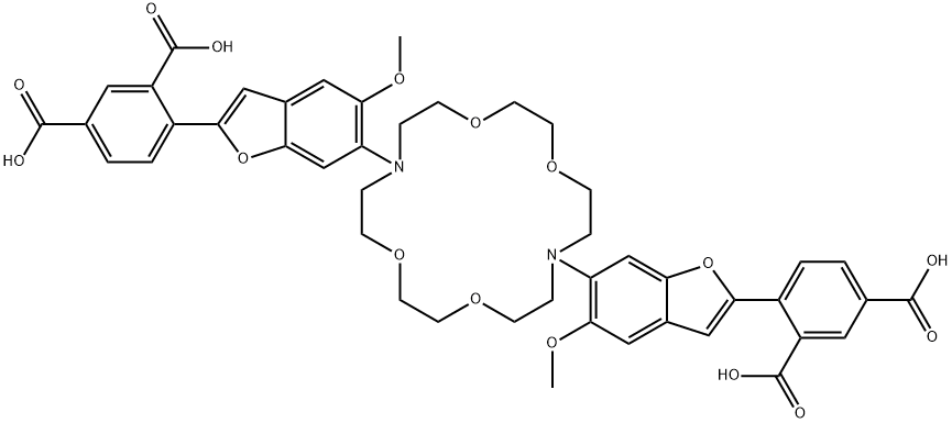 4,4′-[1,4,10,13-テトラオキサ-7,16-ジアザシクロオクタデカン-7,16-ジイルビス(5-メトキシ-6,2-ベンゾフランジイル)]ビス(1,3-ベンゼンジカルボン酸) 化学構造式