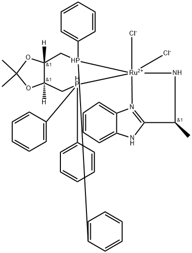 二氯[(4S,5S)-(+)-4,5-双(二苯基膦甲基)-2,2-二甲基-1,3-二氧戊环][(S)-(-)-2-(Α-甲基甲酰胺)-1H-苯并咪唑]钌(II) 结构式