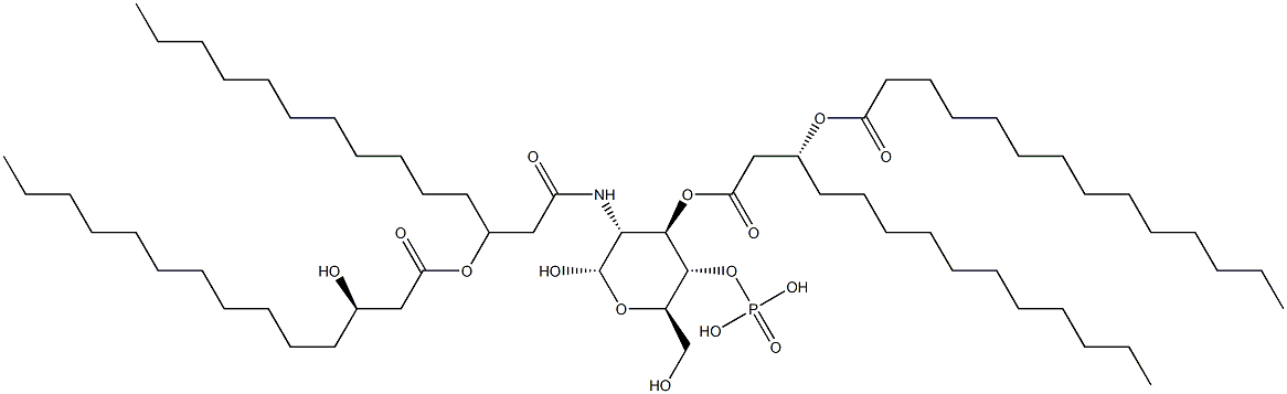 2-デオキシ-2-[(R)-3-[(R)-3-ヒドロキシテトラデカノイルオキシ]テトラデカノイルアミノ]-3-O-[(R)-3-(テトラデカノイルオキシ)テトラデカノイル]-α-D-グルコピラノース4-りん酸 化学構造式