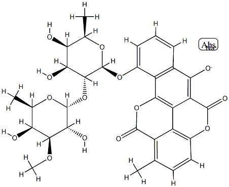 10-[[6-デオキシ-2-O-(6-デオキシ-3-O-メチル-α-D-ガラクトピラノシル)-β-D-ガラクトピラノシル]オキシ]-6-ソジオオキシ-1-メチルベンゾ[h][1]ベンゾピラノ[5,4,3-cde][1]ベンゾピラン-5,12-ジオン 化学構造式