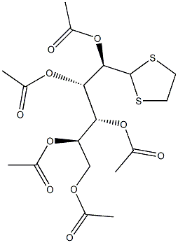 2-O,3-O,4-O,5-O,6-O-ペンタアセチル-D-グルコース1,2-エタンジイルジチオアセタール 化学構造式