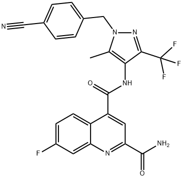 N′-[1-(4-シアノベンジル)-3-(トリフルオロメチル)-5-メチル-1H-ピラゾール-4-イル]-7-フルオロキノリン-2,4-ジカルボアミド 化学構造式
