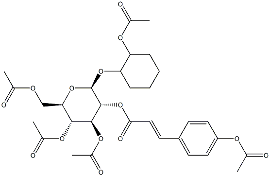2-(アセチルオキシ)シクロヘキシル2-O-[3-(4-アセチルオキシフェニル)プロペノイル]-3-O,4-O,6-O-トリアセチル-β-D-グルコピラノシド 化学構造式
