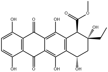 (1R)-2-エチル-1,2,3,4,6,11-ヘキサヒドロ-2α,4α,5,7,10,12-ヘキサヒドロキシ-6,11-ジオキソ-1-ナフタセンカルボン酸メチル 化学構造式