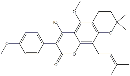 4-Hydroxy-5-methoxy-3-(4-methoxyphenyl)-8,8-dimethyl-10-(3-methyl-2-butenyl)-2H,8H-benzo[1,2-b:5,4-b']dipyran-2-one 结构式