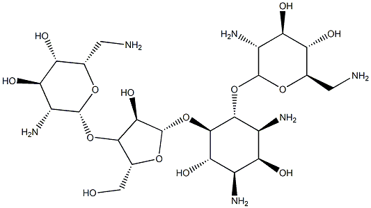 1,3-ジアミノ-4-O-(2,6-ジアミノ-2,6-ジデオキシ-α-D-グルコピラノシル)-5-O-[3-O-(2,6-ジアミノ-2,6-ジデオキシ-β-L-イドピラノシル)-β-D-リボフラノシル]-1,3-ジデオキシ-D-myo-イノシトール 化学構造式